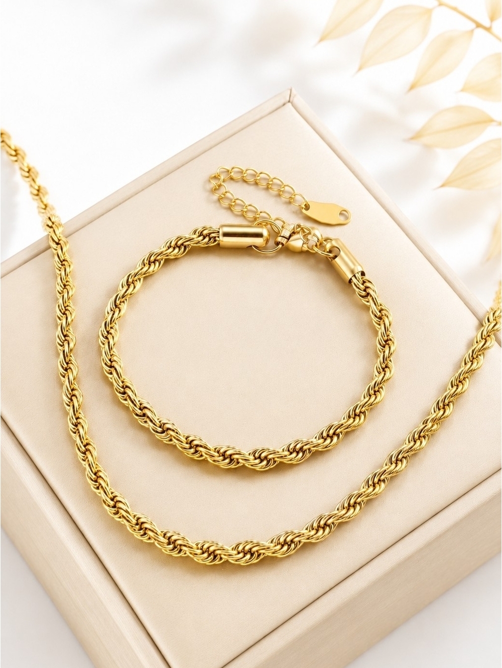 Stainless Steel Gold Rope Chain Necklace Bracelet Set Womens Jewelry Gift New